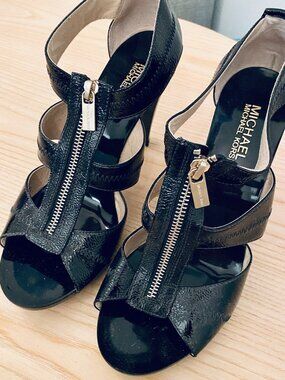 Michael Kors Black Patent Leather Heels with Gold Zipper; size 9